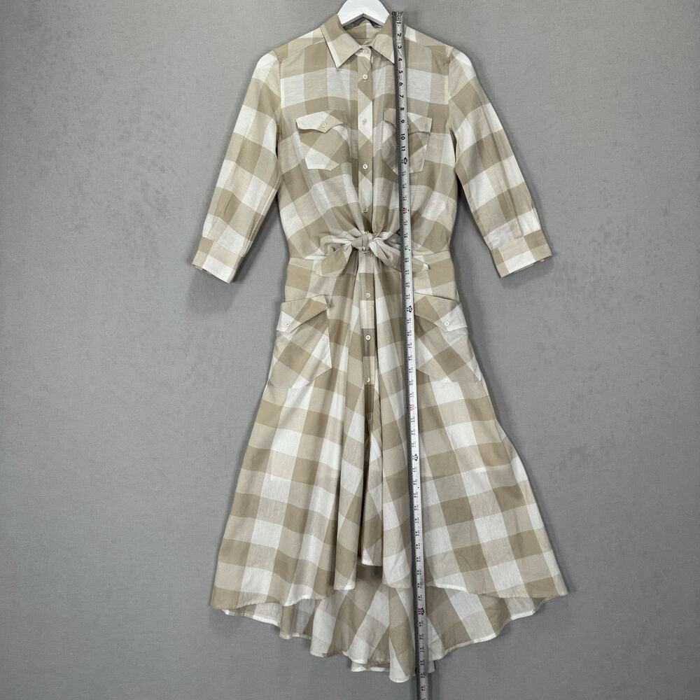 Sara Roka Drake Belted Dress‎ Womens 40 Beige Linen Gingham Shirt Midi Cottage - Picture 12 of 16